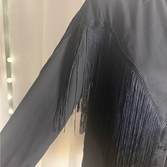 Timing Black Long Sleeve Notched Collar Button Down Fringe Shirt - Picture 3 of 9